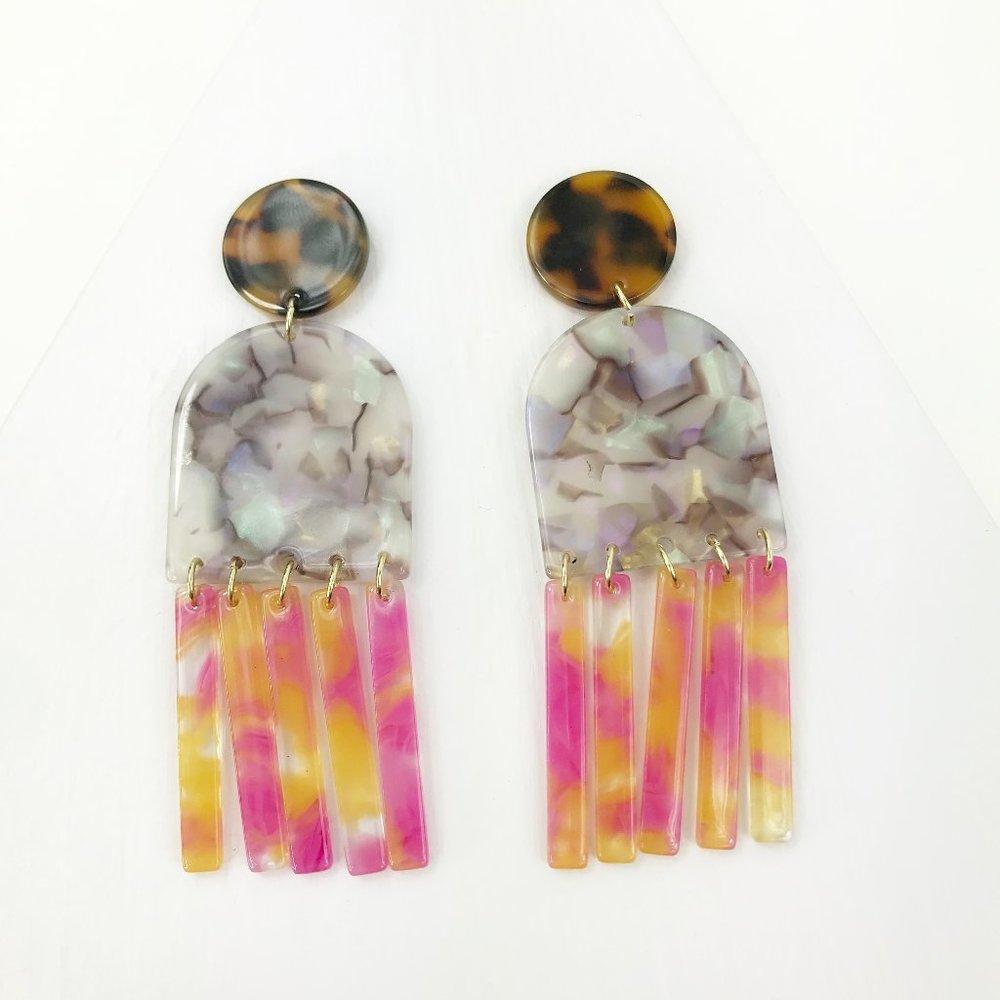 Gray Tab & Fringe Earrings w/ Pink & Yellow Fringe
